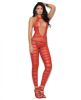 Opaque Net Striped Bodystocking Open Crotch Red O/S