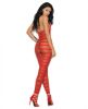 Opaque Net Striped Bodystocking Open Crotch Red O/S